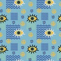 Groovy seamless patterns with eyes, peace and wave sign. Vector backgrounds in trendy retro trippy style. Hippie 60s, 70s style. Royalty Free Stock Photo