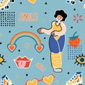 Groovy seamless patterns with funny happy woman, rainbow, wave, chess, mesh. Vector backgrounds in trendy retro trippy