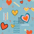 Groovy seamless patterns with hearts, wave, mesh. Vector backgrounds in trendy retro trippy style. Hippie 60s, 70s style Royalty Free Stock Photo