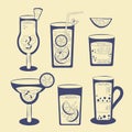 Groovy set of drink and cocktail in glass. Retro beverage mojito and pina colada, coffee with ice amd lime