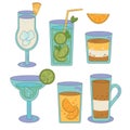 Groovy set of drink. Retro cocktail and coffe on isolated background