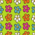 Groovy smiley face daisy blossom hippie flowers seamless pattern, vintage hippie bright color floral motif. Modern