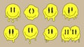 Groovy smiling faces vector. Retro doodle dripping emoji. Funny LSD, surreal, techno, melting face sign. Acid, trippy