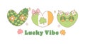 Groovy st patricks day banner, cute disco heart shape with clover leaf group cartoon doodle drawing