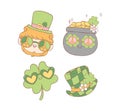 Groovy st patrick's day elements with leprechuan, pot of coin, clover leaf and hat cartoon doodle drawing