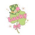 Groovy st patrick's day lucky clover leaf with hat cartoon doodle drawing