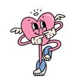 Groovy sticker with dancing heart mascot. Cartoon lovely character with wings and lovely gesture. Fun happy Valentines