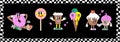 90 Groovy Sticker Food Collage. Cartoon Character of Ice Cream, Donut, Coffee, Candy, Cupcakes.