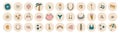 Groovy sticker pack. Doodle trendy illustrations in pastel circles. Collection of sea travel stickers. Set of cool