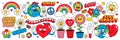 Groovy sticker pack in trendy retro cartoon style. Funny happy Earth, rainbow, heart, flower, daisy.