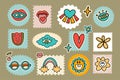 Groovy sticker set postage stamp, heart cloud eye, retro flower hippie 70s disco cartoon illustration