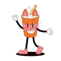 Groovy sticker in shape of disposable coffee cup. Retro cartoon cat character with ears and whiskers. Vector