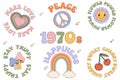 Groovy 1970 Slogan Stiker Pack: Peace Sign, Rainbow, Daisy, Heart, Psychedelic Mushroom in Rainbow Colors.