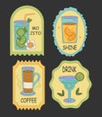 Groovy stickers of drink and coctails in glass. Retro drink coffe and majito with ice and lime