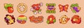 Groovy stickers, hippie icons with flower, rainbow