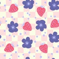 Groovy strawberries and flowers seamless pattern in 1970s style. Perfect for T-shirt, textile and print. Funky doodle vector Royalty Free Stock Photo