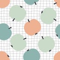 Groovy style apples seamless pattern on grid distorted background. Hippie aesthetic print for fabric, paper, textile. Hand drawn