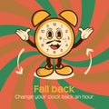 Groovy style clock character. Fall back. Daylight saving time end Royalty Free Stock Photo