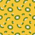 Groovy style kiwi pieces seamless pattern on grid distorted background. Hippie aesthetic print for fabric, paper, textile. Hand
