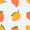 Groovy style mango seamless pattern on grid distorted background. Perfect print for fabric, paper, textile. Hand drawn vector