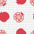 Groovy style pomegranates seamless pattern on grid distorted background. Hippie aesthetic print for fabric, paper, textile. Hand
