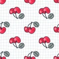 Groovy style seamless pattern with cherries on grid distorted background. Perfect print for fabric, paper, textile. Hand drawn