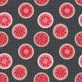 Groovy style watermelons seamless pattern on grid distorted background. Perfect print for fabric, paper, textile. Hand drawn