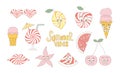 Groovy summer fruits, icecream, star, coctail. Funky mascot patch stickers. Vector modern fruits. Royalty Free Stock Photo
