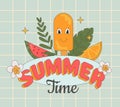 Groovy summer label with fruite and tropical leaves, cartoon ice-cream, text on retro blue background