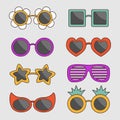 Groovy sunglasses eyeglasses icon set. Heart, square, round, star, daisy flower, pineapple, shape sunglass. Different glasses. Royalty Free Stock Photo