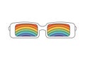 Groovy sunglasses with white frames of rectangular shape, funny colorful rainbow stripes