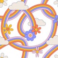 Groovy tangled rainbow with daisy flower, clouds seamless pattern. Hippie sky with daisies background. Bright summer Royalty Free Stock Photo