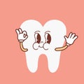 Groovy tooth cartoon character waving his hand. Funny healthy white molar with happy face, retro cartoon teeth mascot Royalty Free Stock Photo