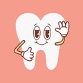 Groovy tooth cartoon character waving his hand. Funny healthy white molar with happy face, retro cartoon teeth mascot Royalty Free Stock Photo