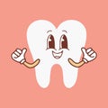 Groovy tooth cartoon character waving his hand. Funny healthy white molar with happy face, retro cartoon teeth mascot Royalty Free Stock Photo