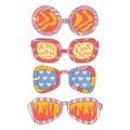 Groovy trippy psychedelic sunglasses set in trendy retro 1970s style with funny geometric patterns. Linear hand drawn