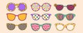 Groovy trippy psychedelic sunglasses set in trendy retro 1970s style. Vector illustration