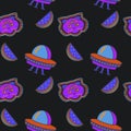 90 groovy trippy space seamless pattern with three eyed cat, watermelon, ufo