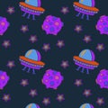 90 groovy trippy space seamless pattern with ufo planet and star