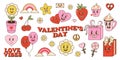 Groovy valentine day set. Daisy and heart with faces. Comic retro stickers for romantic holiday. Hippie love. 70s and 80s cute Royalty Free Stock Photo