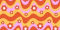 Groovy Waves and Daisy Flowers Horizontal Background. Psychedelic Abstract Vector Seamless Pattern in Hippie Style Royalty Free Stock Photo