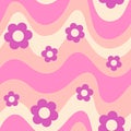 Groovy Waves and Daisy Flowers Seamless Pattern. Psychedelic Curved Vector Background in 1970s Hippie Retro Style Royalty Free Stock Photo