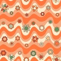 Groovy Waves and Daisy Flowers Seamless Pattern. Psychedelic Curved Vector Background in 1970s Hippie Retro Style Royalty Free Stock Photo