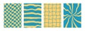 4 groovy Y2K patterns: Retro checkerboard, wavy vector background with a cute and psychedelic twist. Distorted grid in