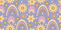 Groovy y2k retro seamless pattern with daisy flower, rainbow. Retro vector illustration. Groovy flower background Royalty Free Stock Photo