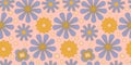 Groovy y2k retro seamless pattern with flower, rainbow. Retro vector illustration. Groovy flower background. Colorful Royalty Free Stock Photo