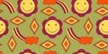 Groovy y2k retro seamless pattern with flower, smile and rainbow. Retro vector illustration. Groovy flower background Royalty Free Stock Photo