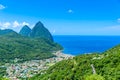 Gros and Petit Pitons near village Soufriere on Caribbean island St Lucia - tropical and paradise landscape scenery on Saint Lucia