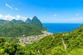 Gros and Petit Pitons near village Soufriere on Caribbean island St Lucia - tropical and paradise landscape scenery on Saint Lucia