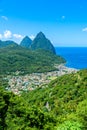 Gros and Petit Pitons near village Soufriere on Caribbean island St Lucia - tropical and paradise landscape scenery on Saint Lucia